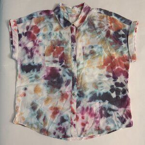 Westbound Button Up Blouse Multicolor Tie Dye Relaxed Fit Top Cuffed Sleeve